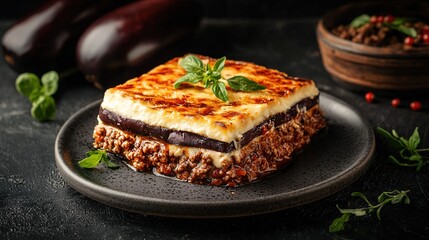   A macro of a platter of food featuring eggplant, cheese, & other elements arranged on a table