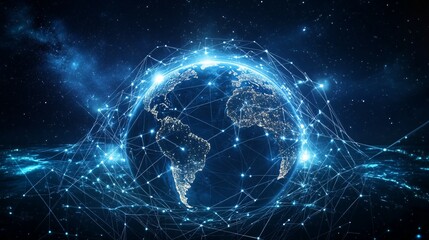 Obraz premium A Digital Representation of Earth with Interconnected Lines and Nodes Against a Starry Background