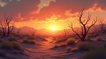 Fototapeta premium Illustration of a Parched Landscape with Dying Plants and Smog-Filled Skies, Depicting the Harsh Realities of Climate Change