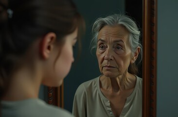 a young girl sees herself in the future in the reflection