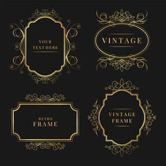Set of vintage decorative gold calligraphic frames. Elegant retro ornamental borders. Vector illustration