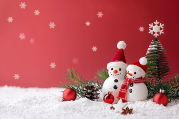 Fototapeta premium A cozy minimalist Christmas display featuring cute snowmen, festive decorations, and a red background perfect for the holiday season