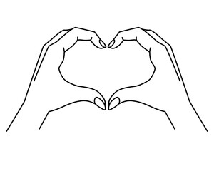 Hands show gesture - heart - vector linear illustration with editable outline. Heart sign shown by hands. Female hands with a manicure for coloring. Outline.	