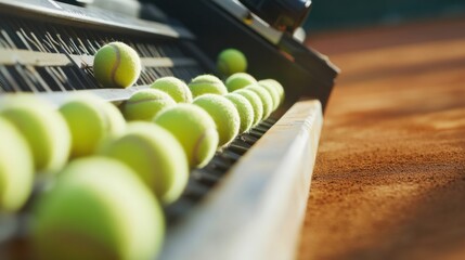 A tennis court's ball machine with tennis balls in motion, outdoor court with green grass, Classic style