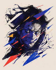 portrait of a man with vivid blue eyes accented by bold abstract lines in blue and red