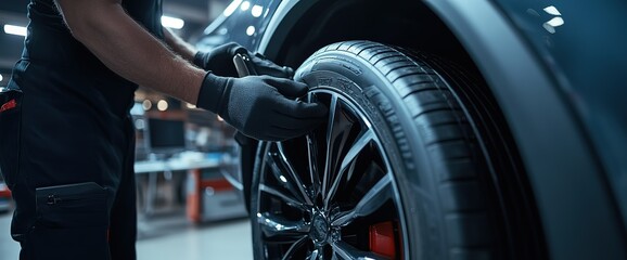 A professional mechanic inspects and changes tires