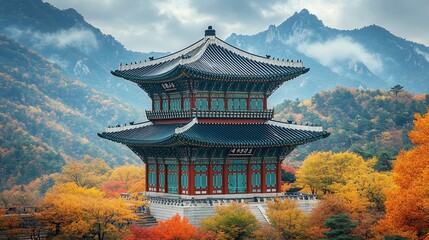 Naklejka premium A traditional Korean pavilion stands amidst vibrant autumn foliage, with majestic mountains in the background.