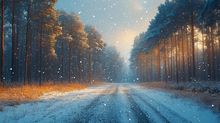 Obraz premium A snowy road winds through a forest with the sun shining through the trees.