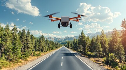 Drone Delivering Package Over Mountain Road