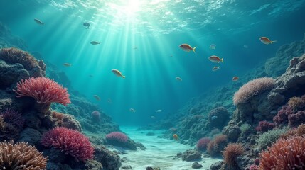 Naklejka premium Detailed Depiction of Underwater Coral Bleaching and Marine Life Struggling Amid Climate Change