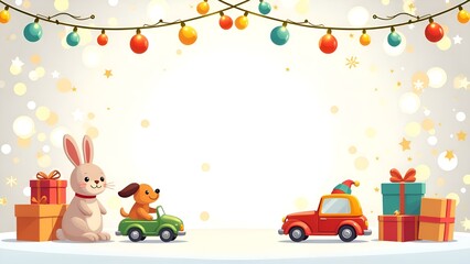 Obraz premium frame for text made from colourful kids toys and golden garland lights, on white Christmas background, festive golden and grey bokeh