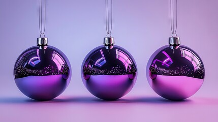 Obraz premium Three purple Christmas ornaments dangle from strings against a deep purple backdrop