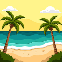 Obraz premium Tropical beach scene with two palm trees, clear blue waters, sandy shore, and a bright sky