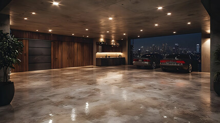 Modern Garage Interior with City Skyline View 3D Illustration