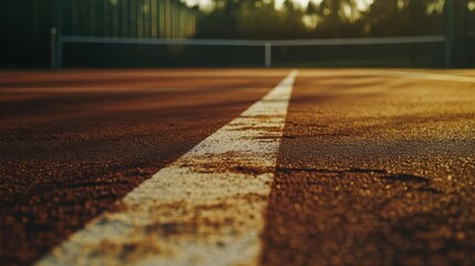 A tennis court's baseline with chalk dust and ball skid marks, outdoor setting with soft evening light, Textured style