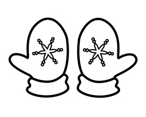 Mittens - vector linear picture for coloring. A pair of mittens with snowflakes - a doodle or an icon with warm clothes. Outline. Children's winter gloves.	