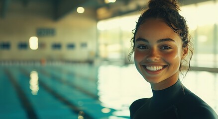 Smiling young woman in a wetsuit near a swimming pool on a sunny afternoon