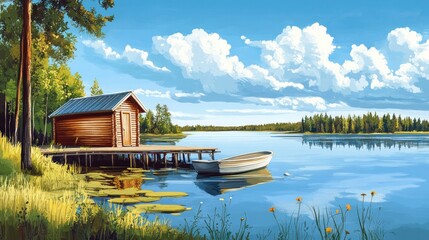 Classical log cabin. Fishing boats moored outside a lakeside Finnish sauna. Summertime scenery