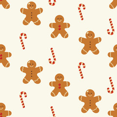 Christmas pattern with gingerbread man, sweets, on a light background. Seamless background perfect for use in textiles, wallpapers, and festive decorations.