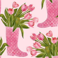 Seamless watercolor pattern with plant motifs of a bouquet of pink tulips in a rubber boot. Botanical texture for fabric, wrapping paper, packaging, backgrounds, wallpapers, stationery.