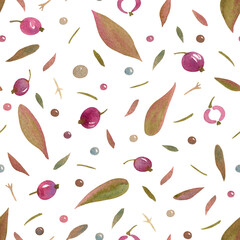 Seamless watercolor pattern with plant motifs of leaves, berries and twigs. Botanical texture for fabric, wrapping paper, packaging, backgrounds, wallpapers, stationery.