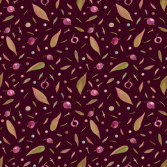 Seamless watercolor pattern with plant motifs of leaves, berries and twigs on a burgundy background. Botanical texture for fabric, wrapping paper, packaging, backgrounds, wallpapers, stationery.