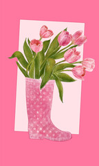 Watercolor postcard with a bouquet of tulips in a rubber boot. Illustration for postcards, posters, decor, tableware and stationery.