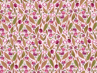 Seamless watercolor pattern with plant motifs of leaves, berries and twigs on a pink background. Botanical texture for fabric, wrapping paper, packaging, backgrounds, wallpapers, stationery.