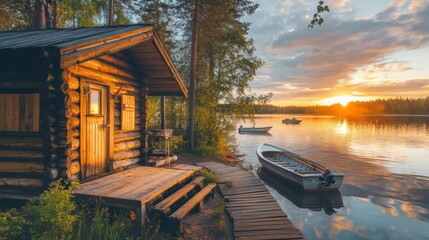 Classical log cabin. Fishing boats moored outside a lakeside Finnish sauna. Summertime scenery
