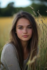 Fototapeta premium A young woman with long hair gazes softly, surrounded by tall grasses, evoking serenity and beauty in nature.