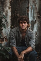 Obraz premium A young man in thoughtful pose, sitting casually by a weathered stone wall, conveying introspection and solitude.