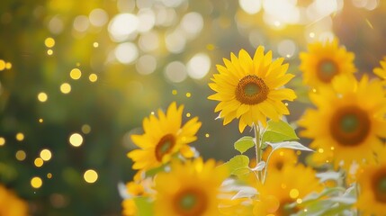Obraz premium A sunflower field with golden light filtering through the trees