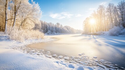 Obraz premium Snowy Winter Landscape with Frozen Lake and Sunlight