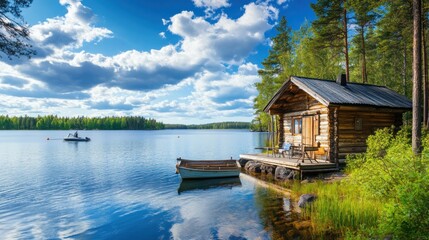 Classical log cabin. Fishing boats moored outside a lakeside Finnish sauna. Summertime scenery