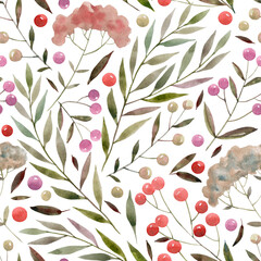 Seamless watercolor pattern with plant motifs: inflorescences, flowers, branches, berries and leaves. Botanical texture for fabric, wrapping paper, packaging, backgrounds, wallpapers, stationery.