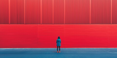 A lone figure in a blue jacket stands before a striking red textured wall, evoking reflection.