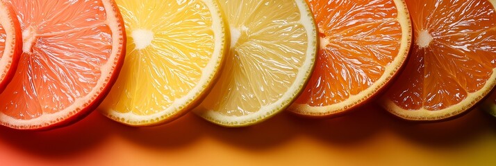 Variety of citrus fruits sliced and arranged in a visually appealing and colorful pattern on a flat surface.