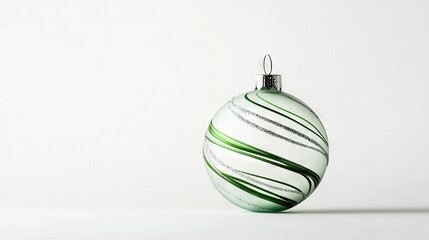   A green and white striped Christmas ornament on a white background, allowing space for text below