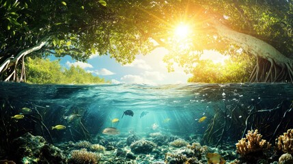 Obraz premium Mangrove Tree with Sunlight and Underwater Coral Reef