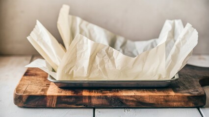 Empty metal baking sheet with parchment paper, placed on a rustic wooden cutting board, kitchen background, ready for food preparation