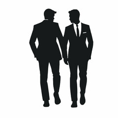 Two young men in suits walking together vector silhouette