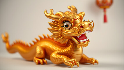 Fototapeta premium Horizontal left to right 3d Chinese a happy gold dragon with happy face on white background. generative AI