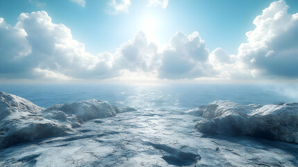 Obraz premium Ocean Landscape with Cloudy Sky and Rocks - 3D Illustration