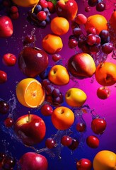 vibrantly colored fruits floating elegantly mid air bright background stunning visual impact, apple, orange, banana, berry, grape, pineapple, mango