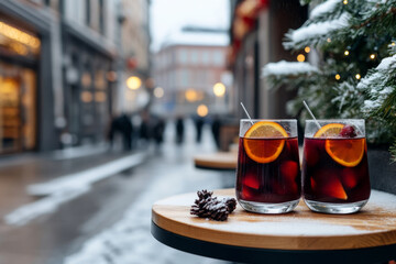 Glass of mulled wine with oranges on a winter street with holiday lights