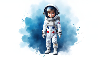Cute child dressed as an astronaut with a playful expression against a colorful space background