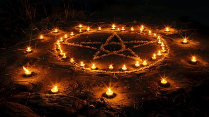 A circle of candles surrounding a pentagram drawn on the ground during a...