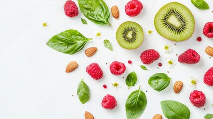   A kiwi, raspberries, spinach, almonds, and spinach leaves on a white plate