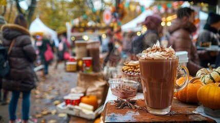 Artisan hot chocolate stand at a fall festival, with people warming up and...
