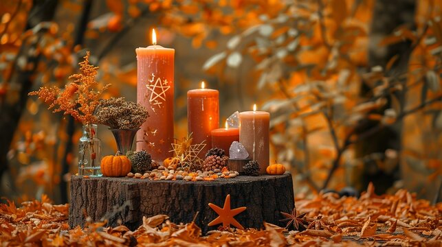 Autumn altar decorated for Samhain, with candles, crystals, dried herbs, and...